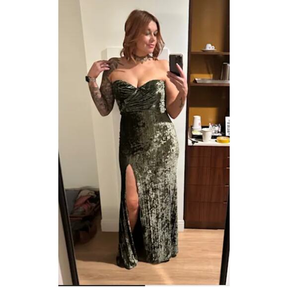 Lulus Olive Velvet Pleated Strapless Classy Sensation Maxi Dress Size S - Picture 14 of 14